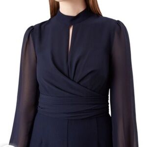 Hobbs London Women's 10 Navy Long Sleeve Gauze Tie Belted Wrap Jumpsuit